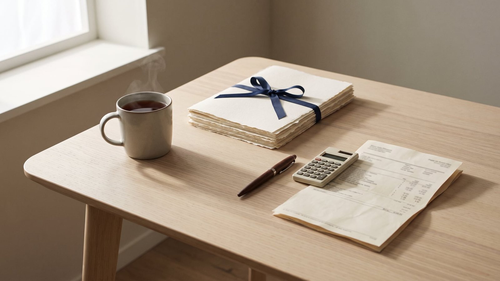 Bureau avec calculatrice et document de budget familial