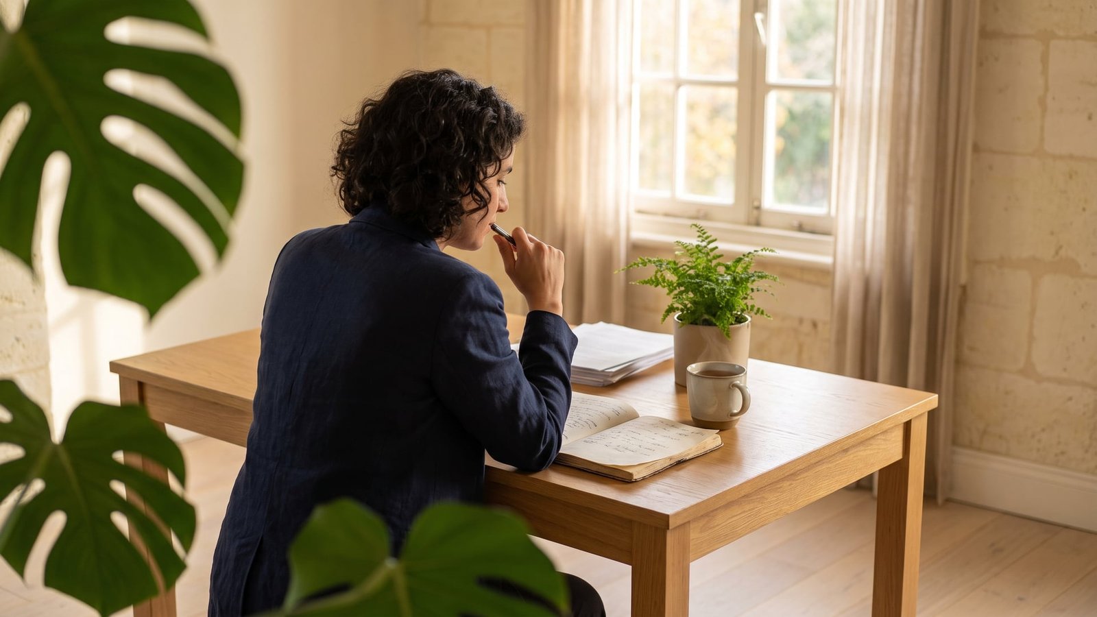 Personne prenant des notes devant des documents de projet immobilier dans un intérieur clair