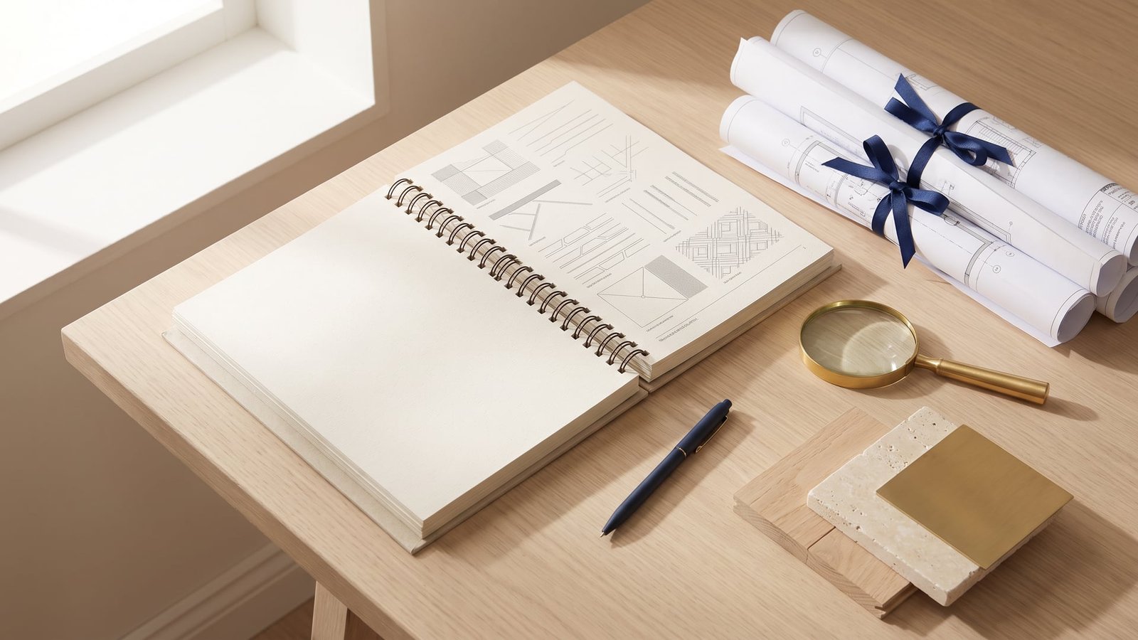 Notice descriptive d’un programme neuf ouverte sur un bureau