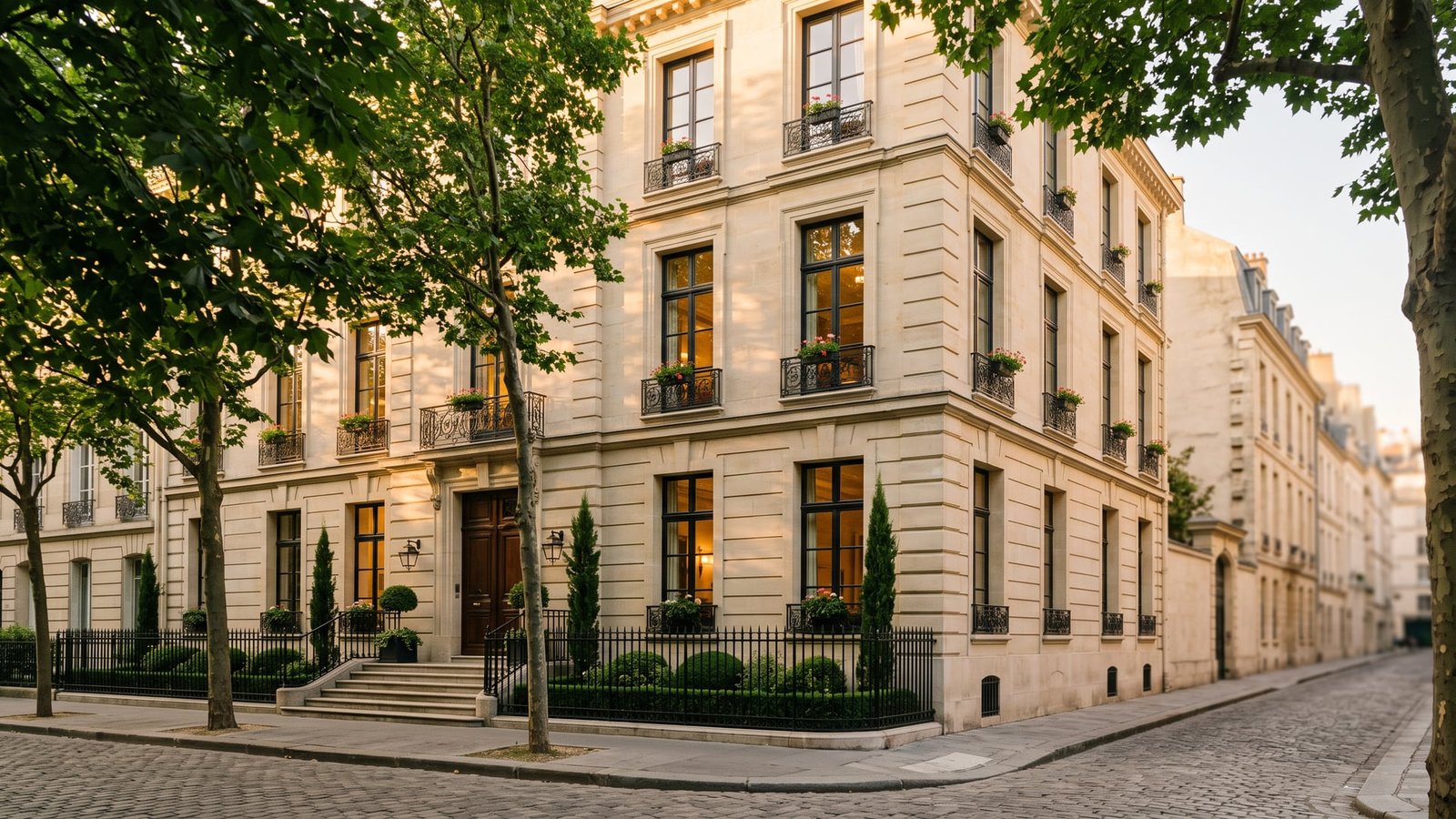 Immeuble neuf en pierre claire dans une rue bordée d’arbres
