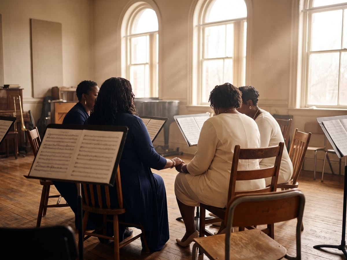 Répétition de chœur gospel dans une salle lumineuse, vue de trois quarts